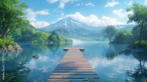 anime wooden dock extends into a tranquil mountain lake surrounded by lush greenery and towering snowy peaks. The early morning light casts a gentle glow across the landscape