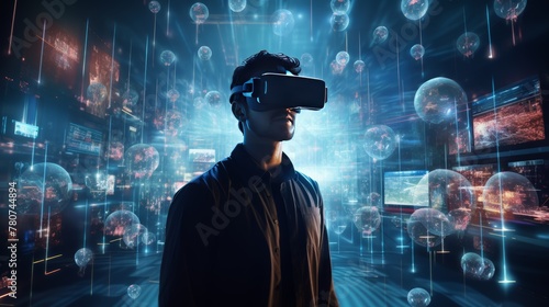  A man wearing a VR headset designs a detailed virtual world. On the background is full of floating codes. Reflects the complexity of the work