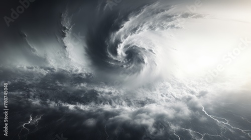 A photograph of a huge hurricane with swirling white clouds hangs in the blackness of space. Reflects light from the sun in oceans and seas.