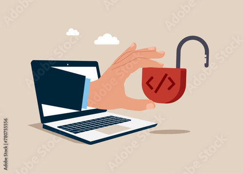 Hand holding open padlock. Open source programming, digital products include permission to use the programming source code. 