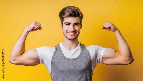  Man Tank Top Flexing His Muscles isolated on yellow background. sportive young man arms showing biceps
