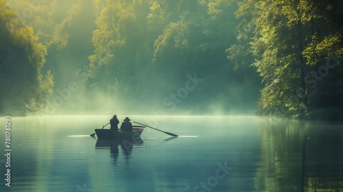 A couple rowing a boat on a lake, enjoying a romantic moment. Valentine's Day concept. Happy man and woman