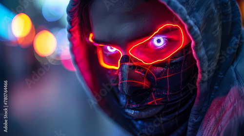 A man is depicted wearing a neon mask with glowing eyes, giving off a mysterious and futuristic vibe, eerie and intriguing atmosphere, danger, fraud, crime, attack, spying