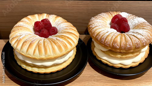 Un par de tartas rellenas de crema pastelera y fresas en la parte de arriba