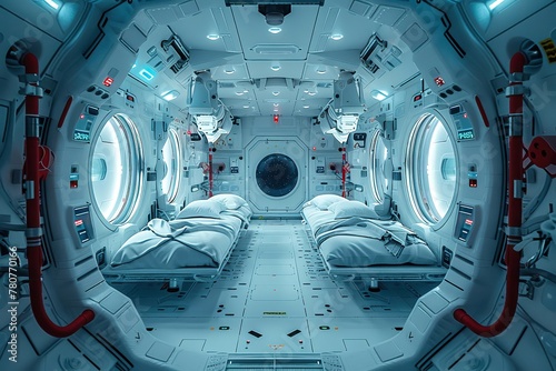 A fish-eye lens captures the cramped interior of a space station medical bay