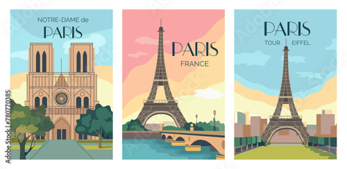 Paris posters. Vintage France travel postcards for French tour or beautiful trip landmark. Urban landscape. Eiffel tower. Notre-dame cathedral. Famous building. Vector vacation cards set