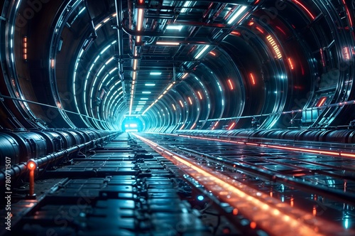 futuristic tunnel with blue and red neon lights.