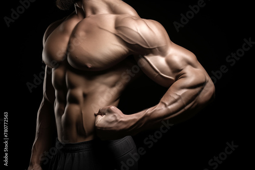 Defined man biceps on black background. Generative AI