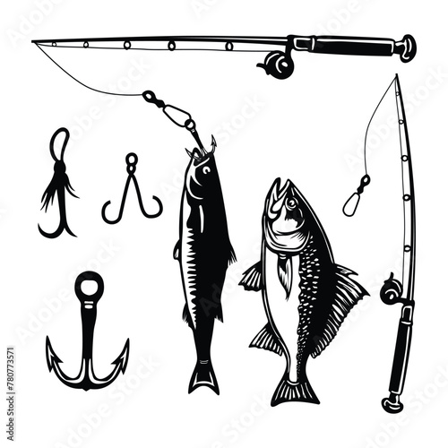 Set of Fishing labels design elements. Rods and fish icons. Design elements for logo. Bass fish vector