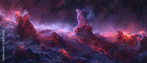  A digital representation of a mountain range backdrop, featuring red and purple clouds, and a starlit sky above