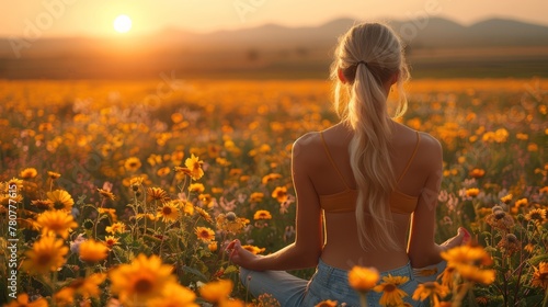  A woman sits in a sunflower field, facing away from the camera, as the sun descends