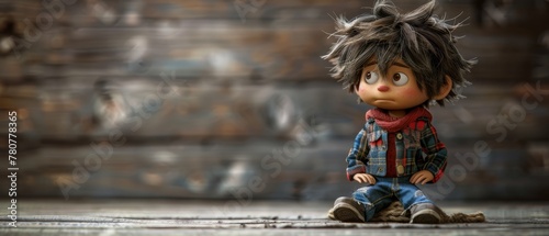  A small doll sits on the floor, its neck adorned with a red scarf The wind rustles through its unkempt hair