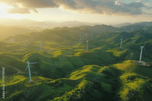 Aerial View of Wind Turbines on Sunlit Green Hills