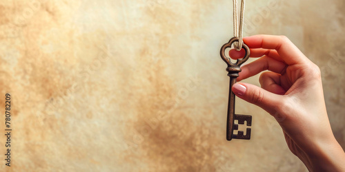 A womans hand holding an ornate vintage key on a string, evoking a sense of mystery and discovery