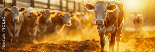 Herd of Cattle Grazing on Dry Grass Field