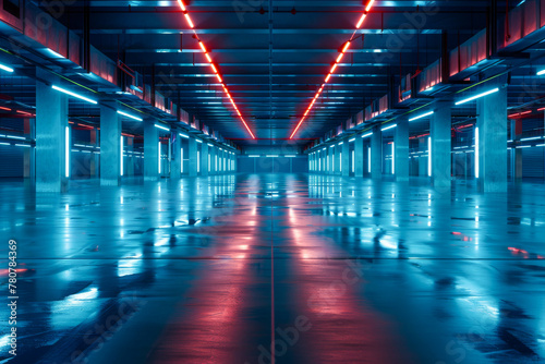 Futuristic and empty industrial corridor illuminated by vibrant neon lights reflecting on the glossy floor