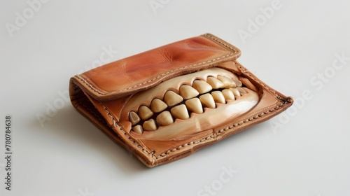 A whimsical image featuring a brown leather wallet with a set of perfect white teeth inside, symbolizing dental or financial health.
