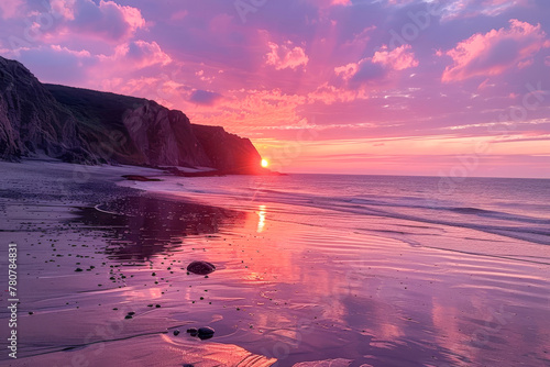 The sun kisses the horizon beneath a sky painted with shades of pink, reflected on the serene beach at twilight