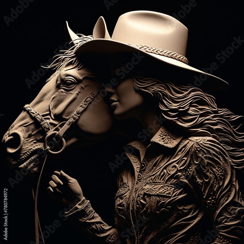 illustration of cowgirl face silhouette and horse headvery detailed, Generative ai