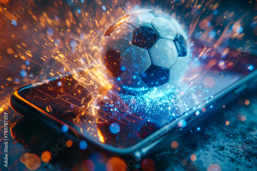 An electrifying moment captured as a soccer ball bursts in flames and ice from a smartphone screen, symbolizing dynamic sports action
