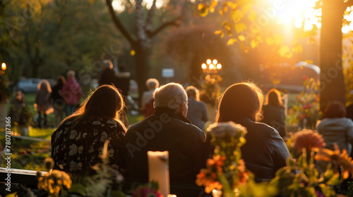 Elderly couple attending outdoor funeral service at sunset
