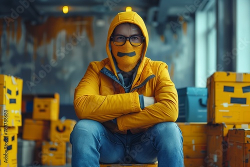 Person in yellow hoodie with matching mask