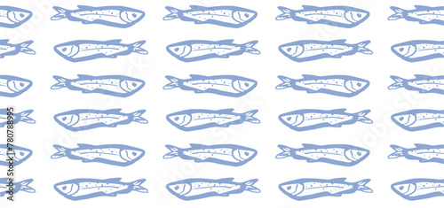 Anchovies hand drawn seamless pattern on white background. Anchovies fish wallpaper. Design for culinary branding, maritime artwork.