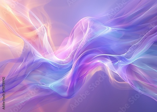 Surreal digital waves undulate with a soft luminescence in pastel sunset tones, blending purples and pinks on a serene background, symbolizing harmony and energetic balance of the aura