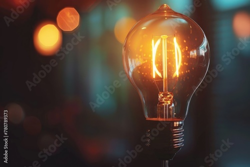 Glowing Vintage Filament Light Bulb Symbolizing Innovation and Creativity in Warm Amber Tones