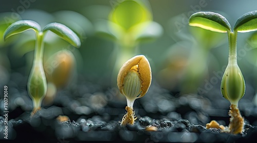 Close up of the process of a seed cracking open during germination, showcasing the beginning of plant life.