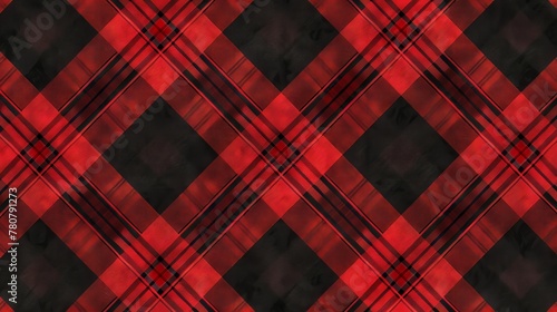 Tartan plaid, red and black, seamless, 2D flat for 3D traditional themes, direct top view.