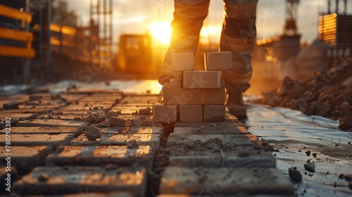 Construction worker of industrial bricklayer installing bricks on construction site
