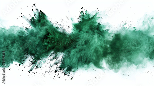 abstract powder splatted background. Freeze motion of green powder exploding/throwing green. Abstract emerald dust explosion on white background.