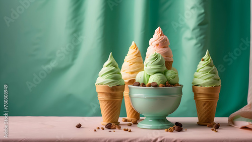 Three soft serve ice cream cones in pastel colors presented on a matching backdrop with scattered coffee beans
