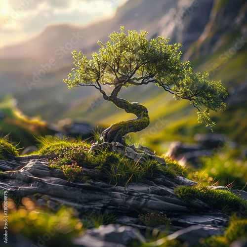 A 3D landscape with a lone tree bending in the wind, the scene rendered to capture the stoic drama of nature's resilience.