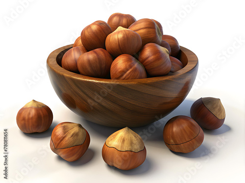 Hazelnuts in a wooden bowl isolated on a white background.