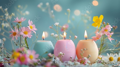 Pastel Colored Easter Candles in Egg Shapes with Spring Flowers. Celebration spring holiday Easter, Spring Equinox day, Ostara Sabbat