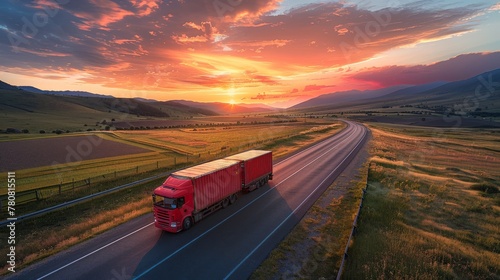 freight trunk on rural highway, background beautiful fields and mountains, sunset 