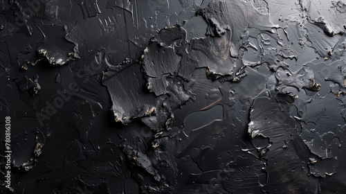 A detailed view of a black wall showing signs of deterioration with peeling paint, revealing layers of texture and history. The weathered surface adds character and depth to the otherwise plain wall