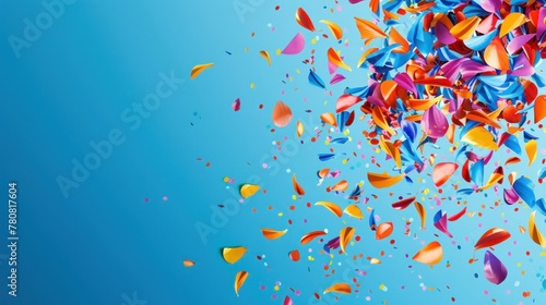 A festive scene of multicolored confetti flying joyously against a vivid blue background