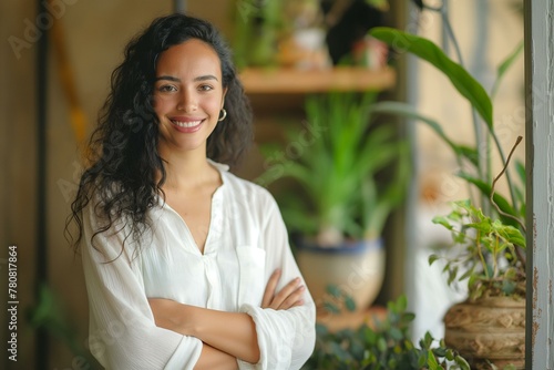 Confident Latinx Female Entrepreneur in a Green Office Environment