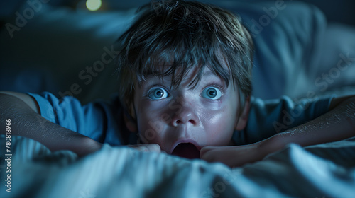 A young child looking scared in bed at night.