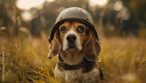 A determined beagle wearing a World War 2 helmet, dodging invisible foes with floppy ears flying, embodying a lighthearted soldier's spirit.