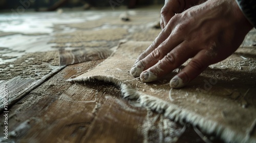 Person kneading bread dough on a rustic wooden table. Suitable for bakery or cooking concepts