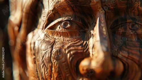 Detailed close-up shot of a wooden carving of a man's face, suitable for artistic or decorative projects