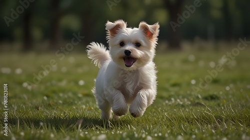 Kleiner Malteser Hund springt ber eine Wiese .Generative AI