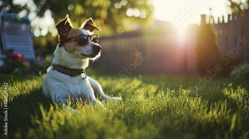 A dog wearing sunglasses is laying in the grass.