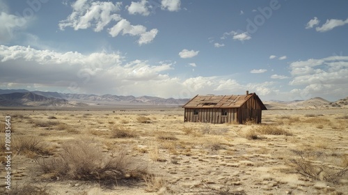 Small wooden shack in a desert with mountains in the background. Suitable for travel brochures