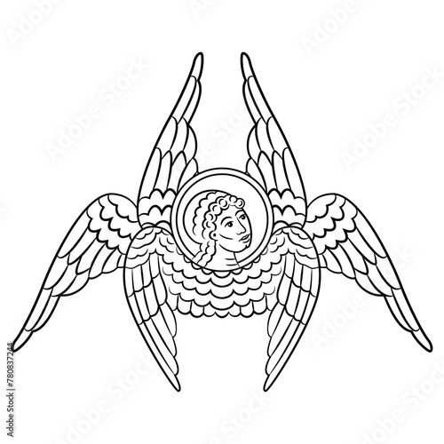 Six winged seraph or seraphim. Christian angel. Medieval Russian religious Orthodox design. Black and white linear silhouette.