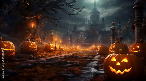 Jack O Lanterns pumpkins and candles glowing at spooky mysterious castle